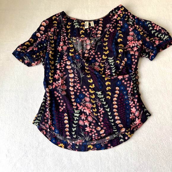 Anthropologie Meadow Rue Blouse Top 6 Eldoret Navy Pink Floral Wrap Short Sleeve - Picture 4 of 12